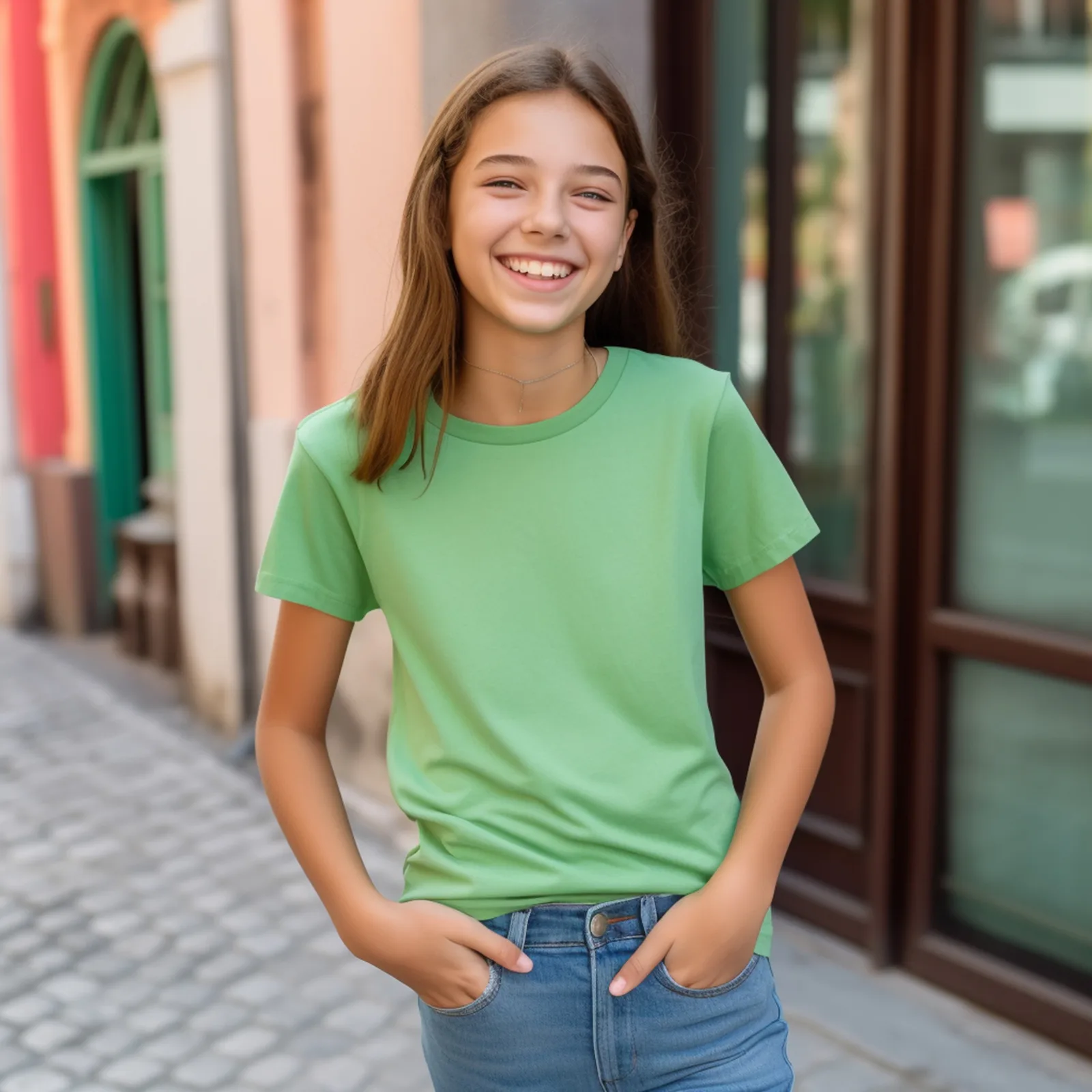 Smiling teenage girl in a green T-shirt